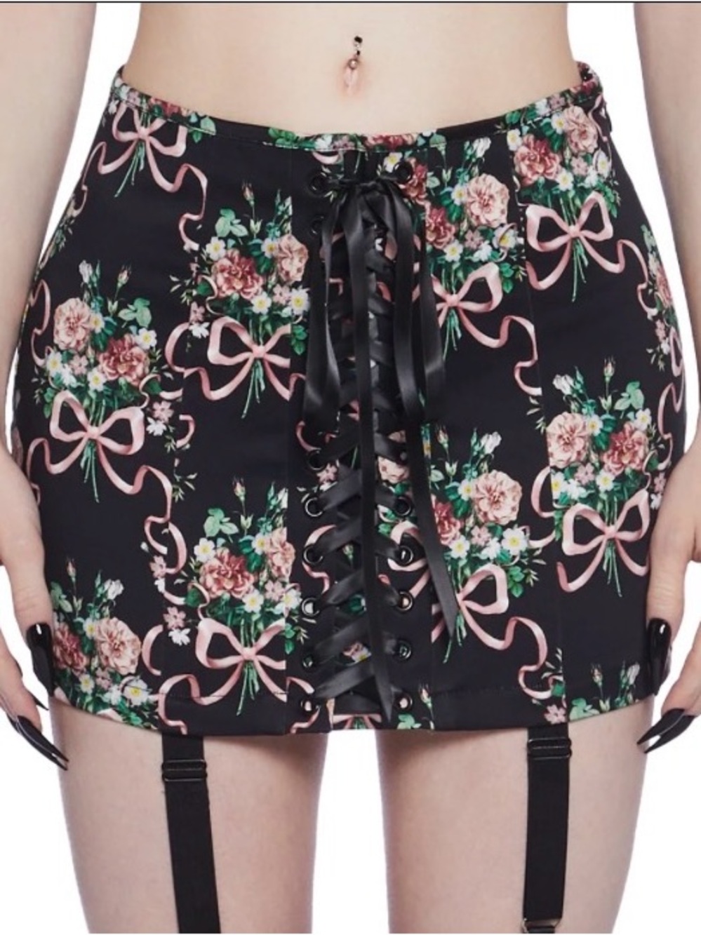 Dolls Kill Black Floral Lace-Up Mini Skirt with Pink Bows
